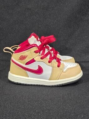 Nike Air Jordan 1 Mid TD Leather Light Curry Cardinal Red Toddler 8C